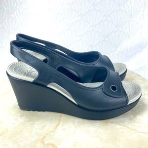 CROCS Black and Gray Wedge Sandals with Slingback